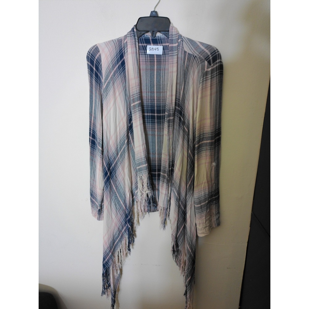 En Creme Cardigan Womens Medium Pink Plaid Vtg Inspo Fringe Draped Boho Shawl